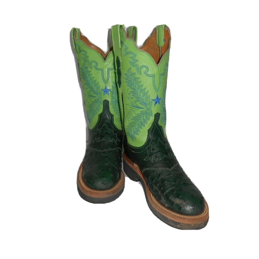 6.5 C Lucchese 2000 Lone Star Green Full Quill Ostrich, Crepe sole Boots.